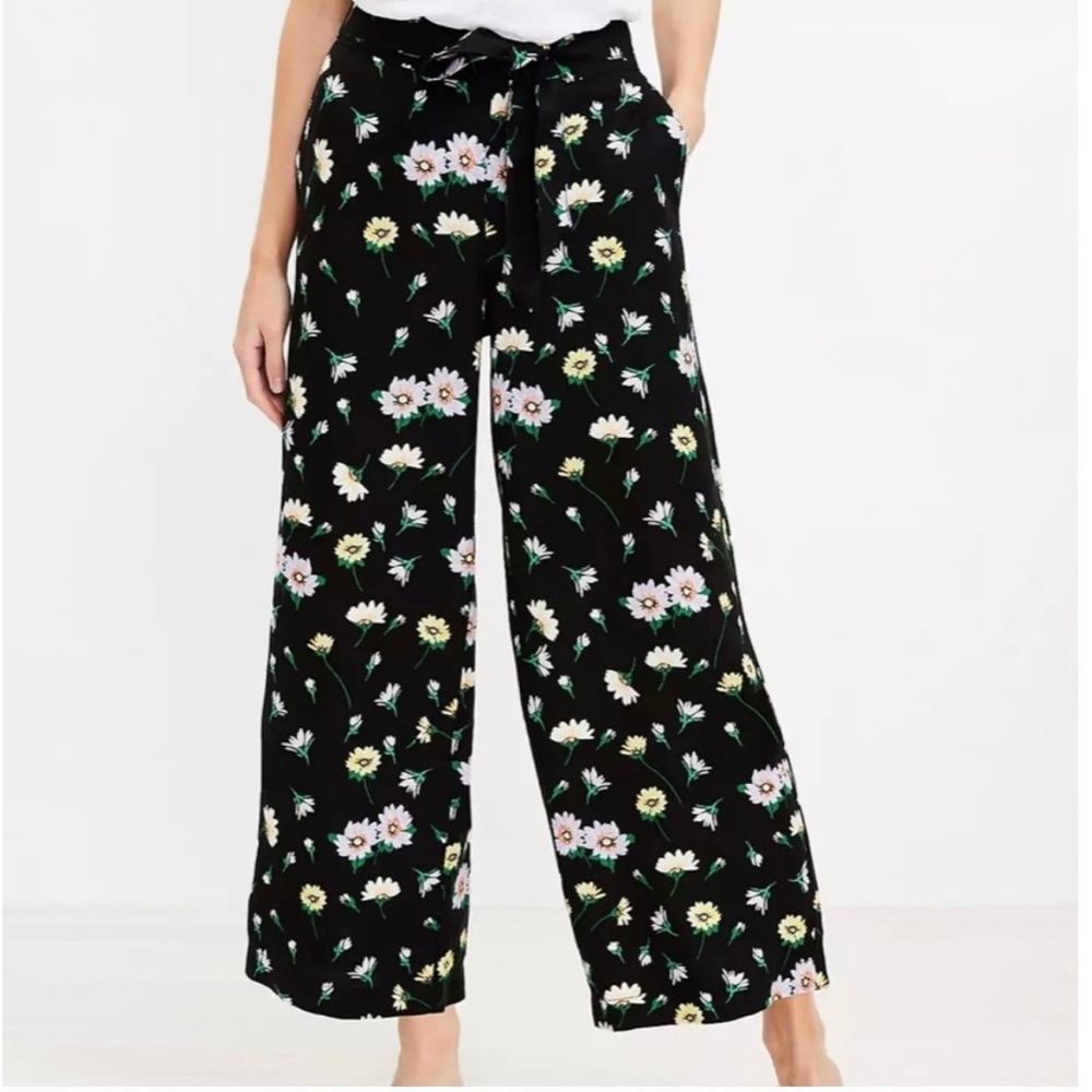 LOFT Tie Waist Fluid Wide Leg Garden Print Crop Pants Petite Large